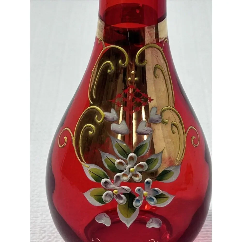Vintage‎ Japan Emerald Red Bud Vase 8”Gold Gilding Hand Painted Flowers Moriage
